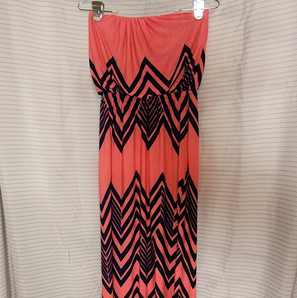 Strapless Coral and Black Chevron Long Maxi Dress